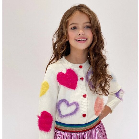 Lola + The Boys Other - Lola + The Boys White Fuzzy Hearts Cardigan 9/10 girls